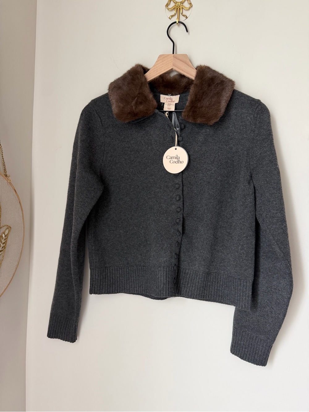 Camila Coelho Charcoal Gray Cardigan Sweater with Brown Faux-Fur Collar